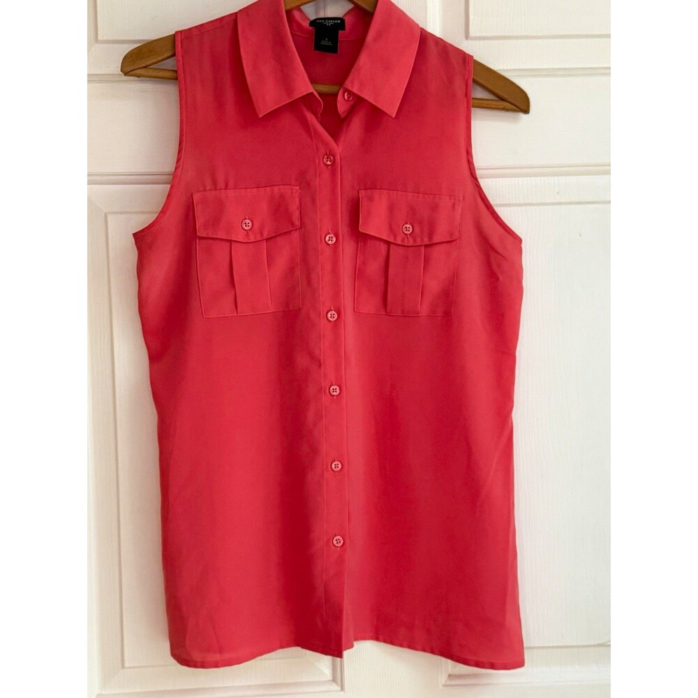 Ann Taylor Pink Solid Button-Down Collared Sleeveless Blouse Pockets Size S